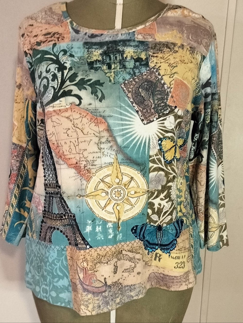 Long-Sleeve Travel Print Tee in Teal & Cream